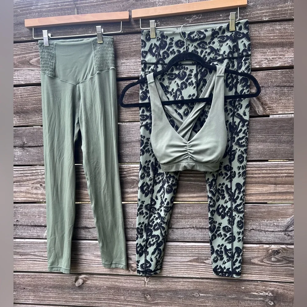 Aerie & Victoria’s Secret Sport Workout Set Sage Green Leopard Print Pockets - Picture 2 of 16